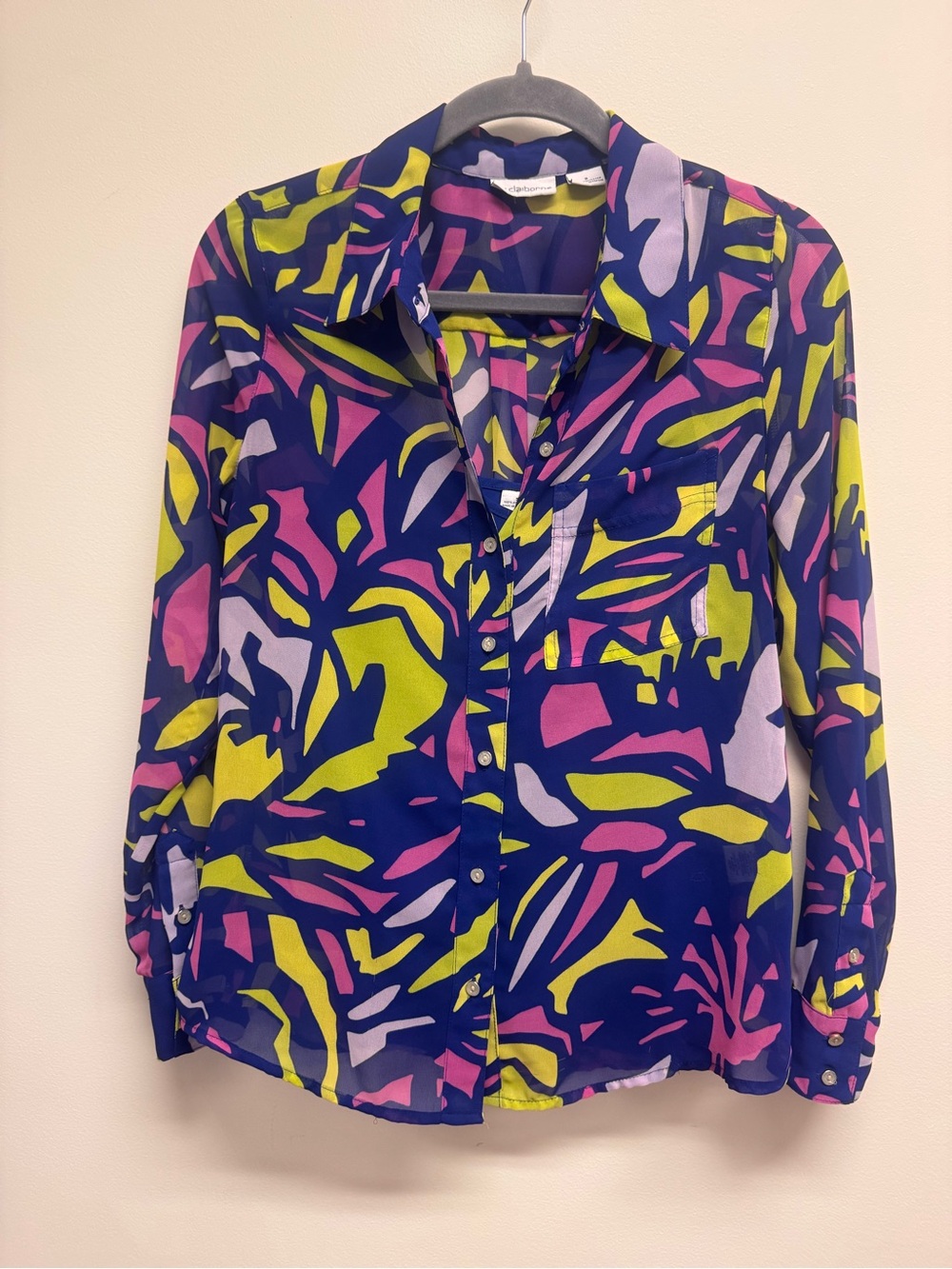 Liz Claiborne Blue Sheer Button-Down Shirt with Pink Lime Abstract Print Size S